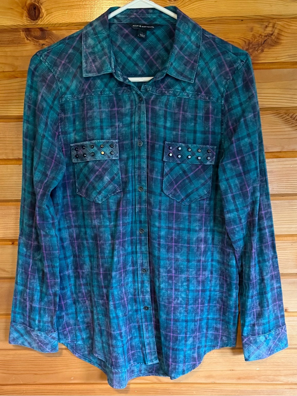 Rock & Republic Teal & Purple Plaid Studded Button-Down